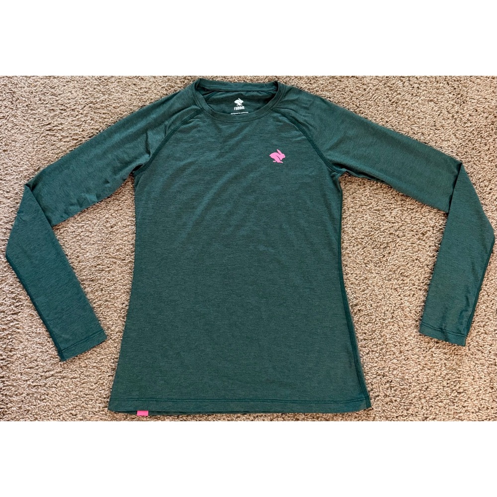 Rabbit Womens EZ Tee Long Sleeve Running Shirt Green Pink Logo Size SM